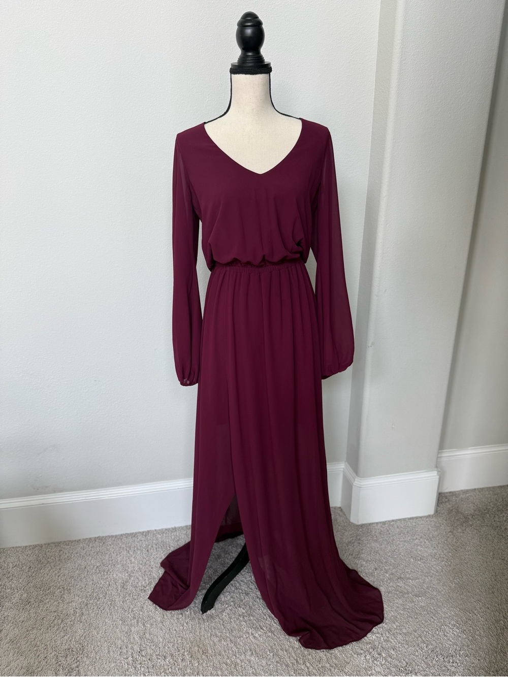 Show Me Your MuMu Long Sleeve V-Neck Maxi Dress in Burgundy